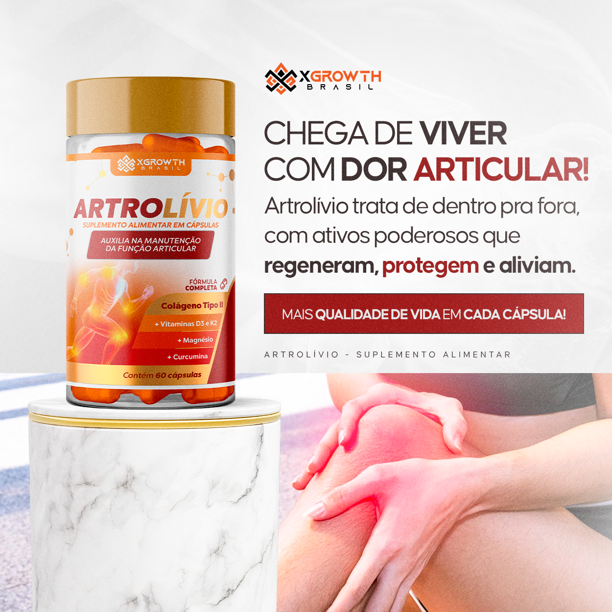 Artrolívio XGrowth Brasil 1000mg – Colágeno Tipo II + Curcumina + MSM | Suplemento para Saúde das Articulações (60 Cápsulas)