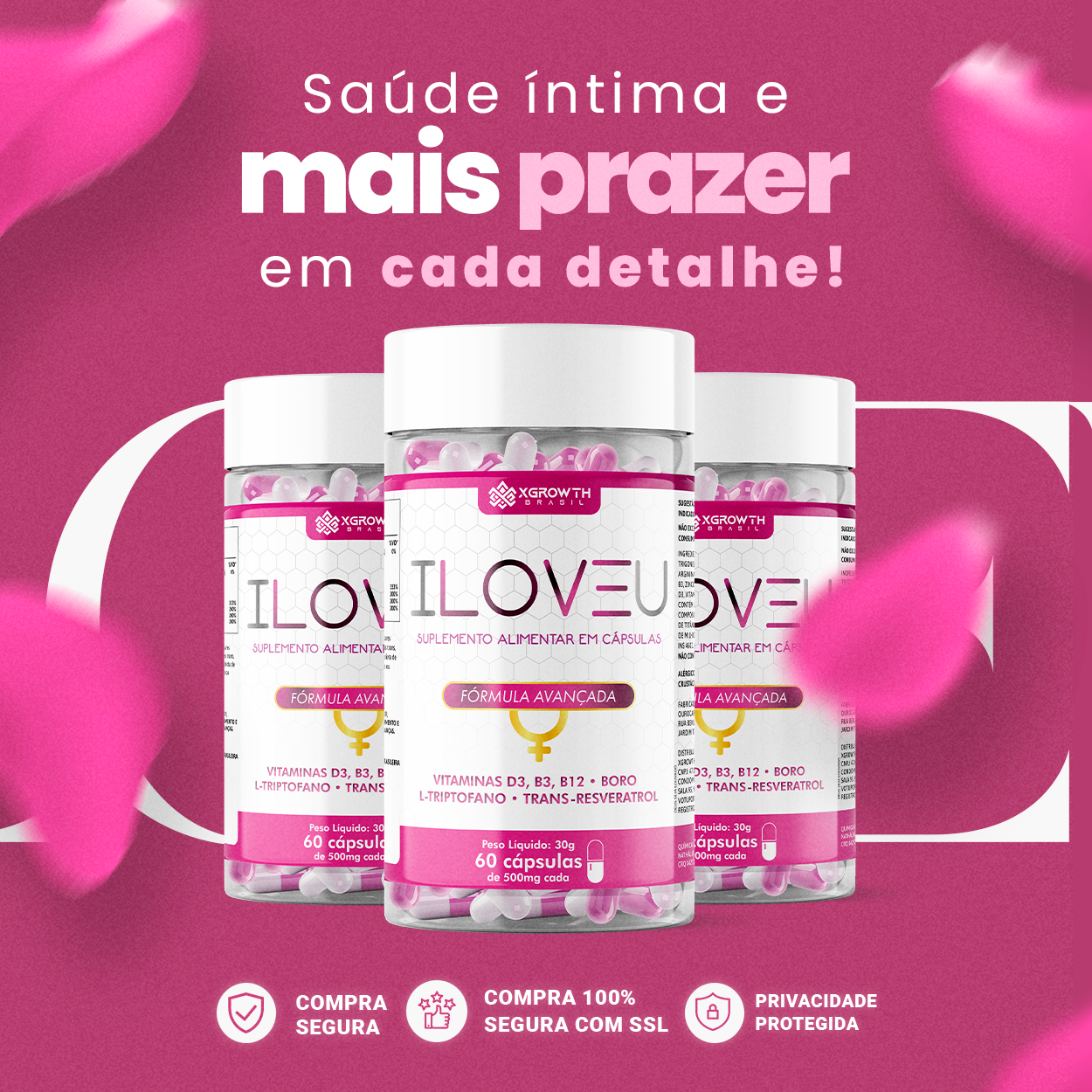ILOVEU XGrowth Brasil – Suplemento Feminino Natural com Trans-Resveratrol, Boro, Vitaminas D3, B3 e B12 | Libido, Energia e Bem-Estar Feminino (60 Cápsulas)