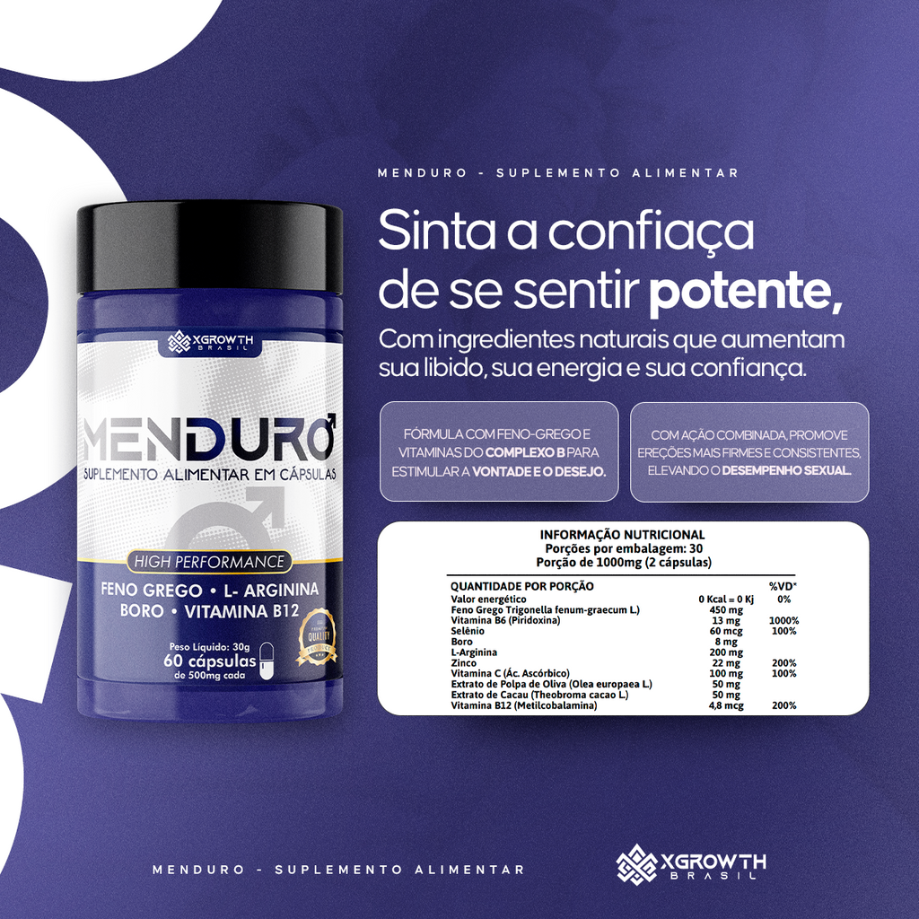 MENDURO XGrowth Brasil – Suplemento Masculino Natural com Feno-Grego, Boro, L-Arginina e Vitaminas do Complexo B | Energia, Libido e Desempenho (60 Cápsulas)