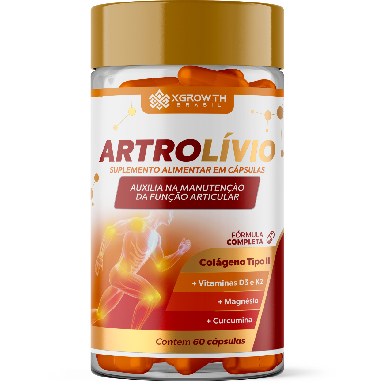 Artrolívio XGrowth Brasil 1000mg – Colágeno Tipo II + Curcumina + MSM | Suplemento para Saúde das Articulações (60 Cápsulas)
