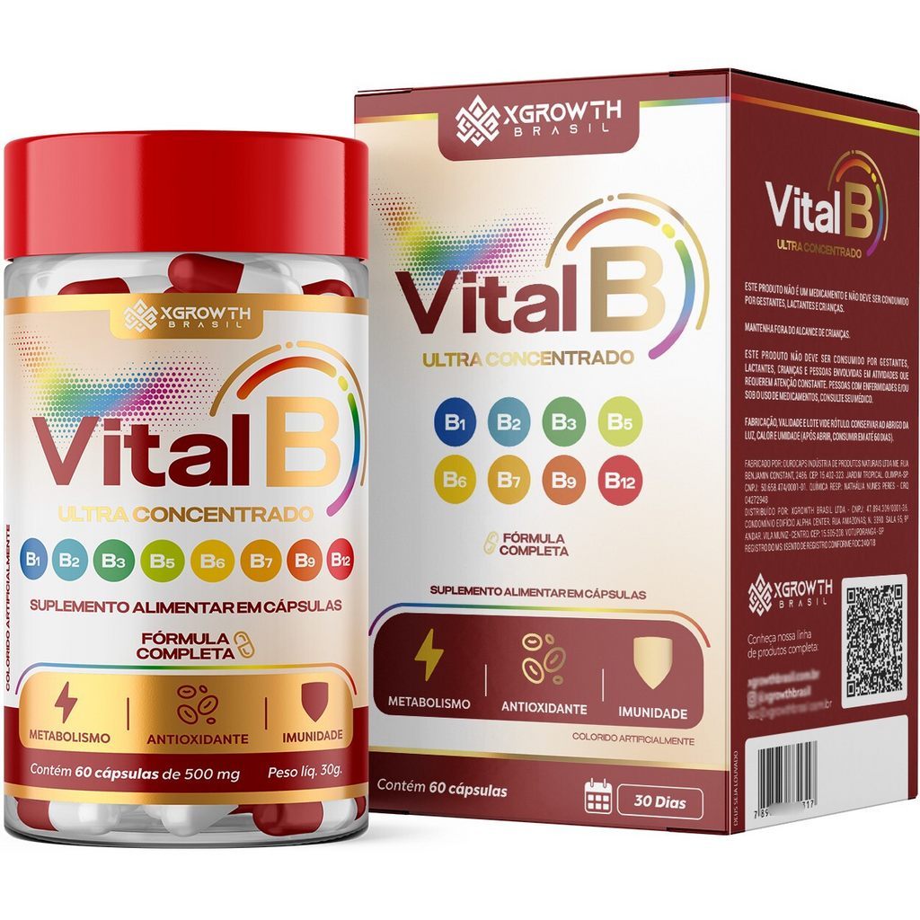 VITALB XGrowth Brasil – Complexo B Ultra Concentrado | Energia, Foco e Disposição Diária (60 Cápsulas de 500mg)