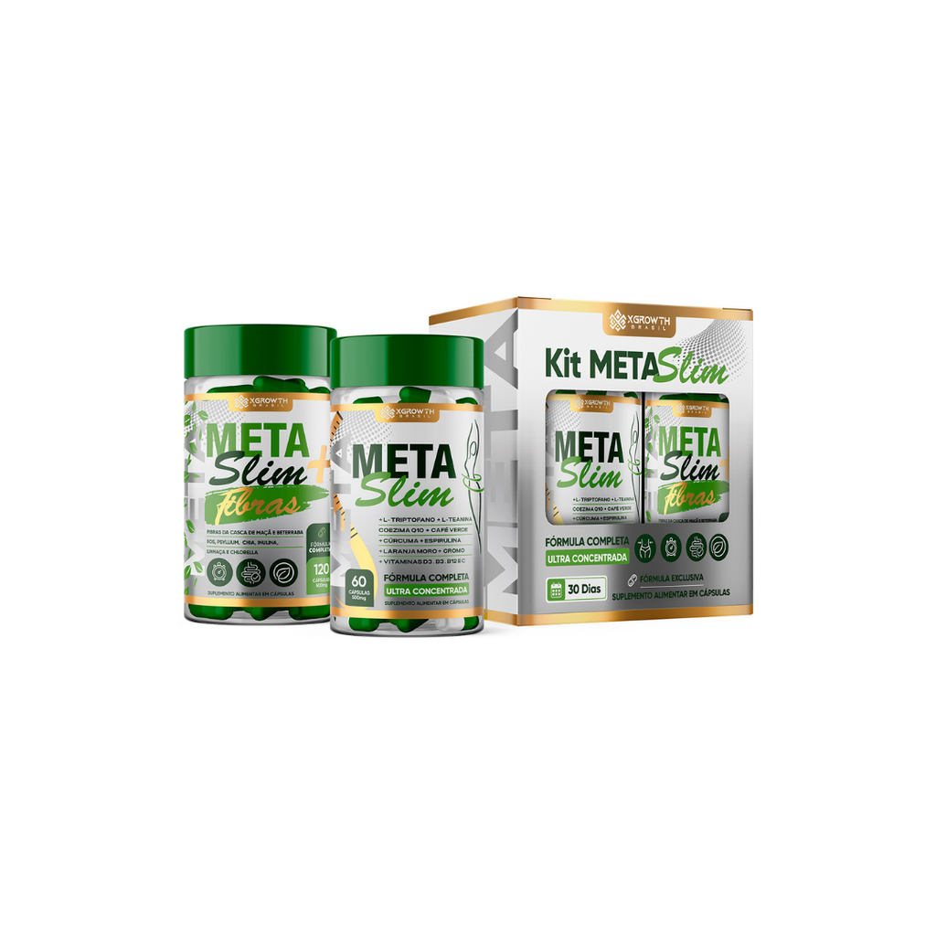 Kit Meta Slim + Fibras XGrowth Brasil – Suplemento Natural com Fibras, Chia, Linhaça e Psyllium | Saúde Intestinal e Controle de Peso (120 Cápsulas)