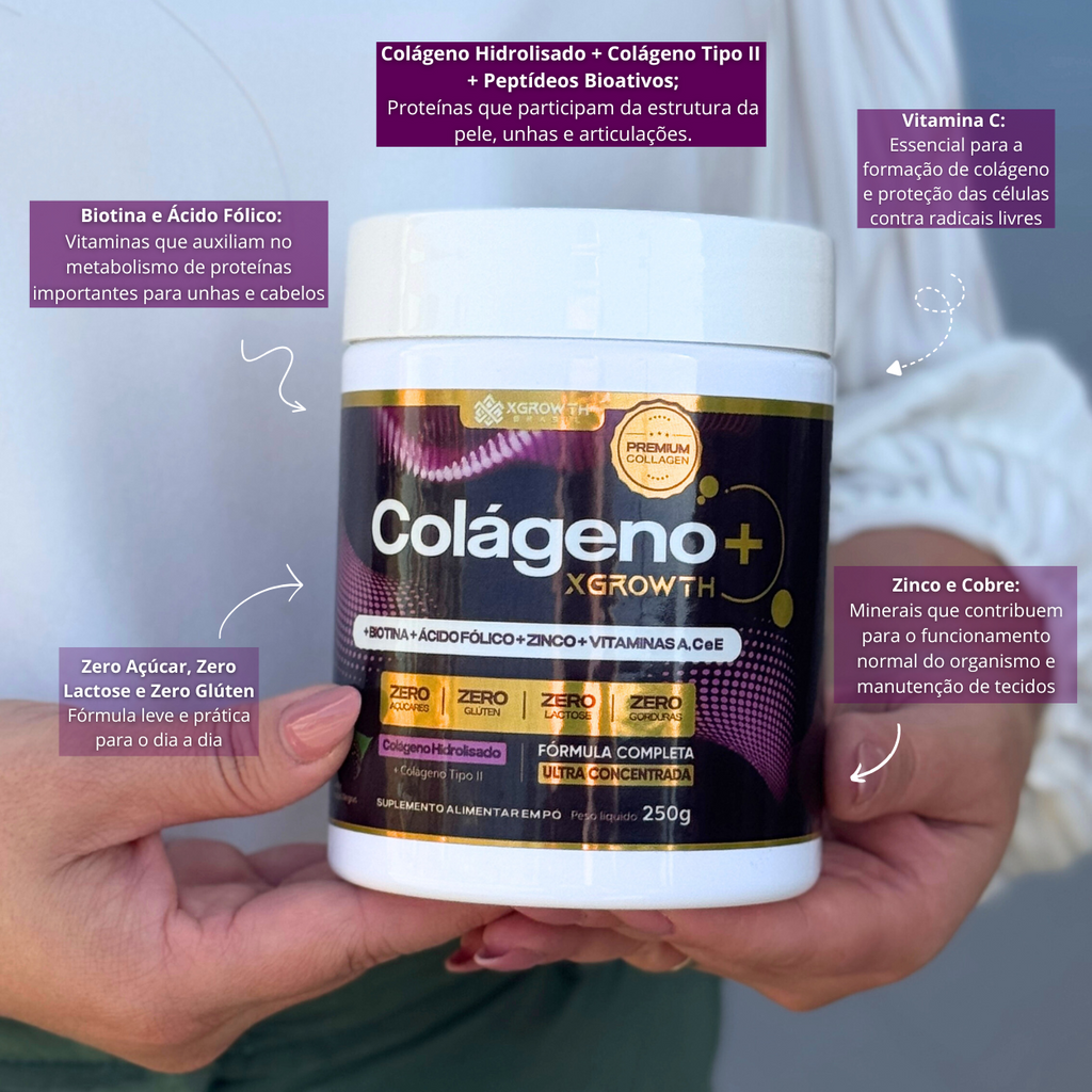 Colágeno XGrowth Brasil + Vitaminas e Minerais | Sabor Frutas Vermelhas (300g)
