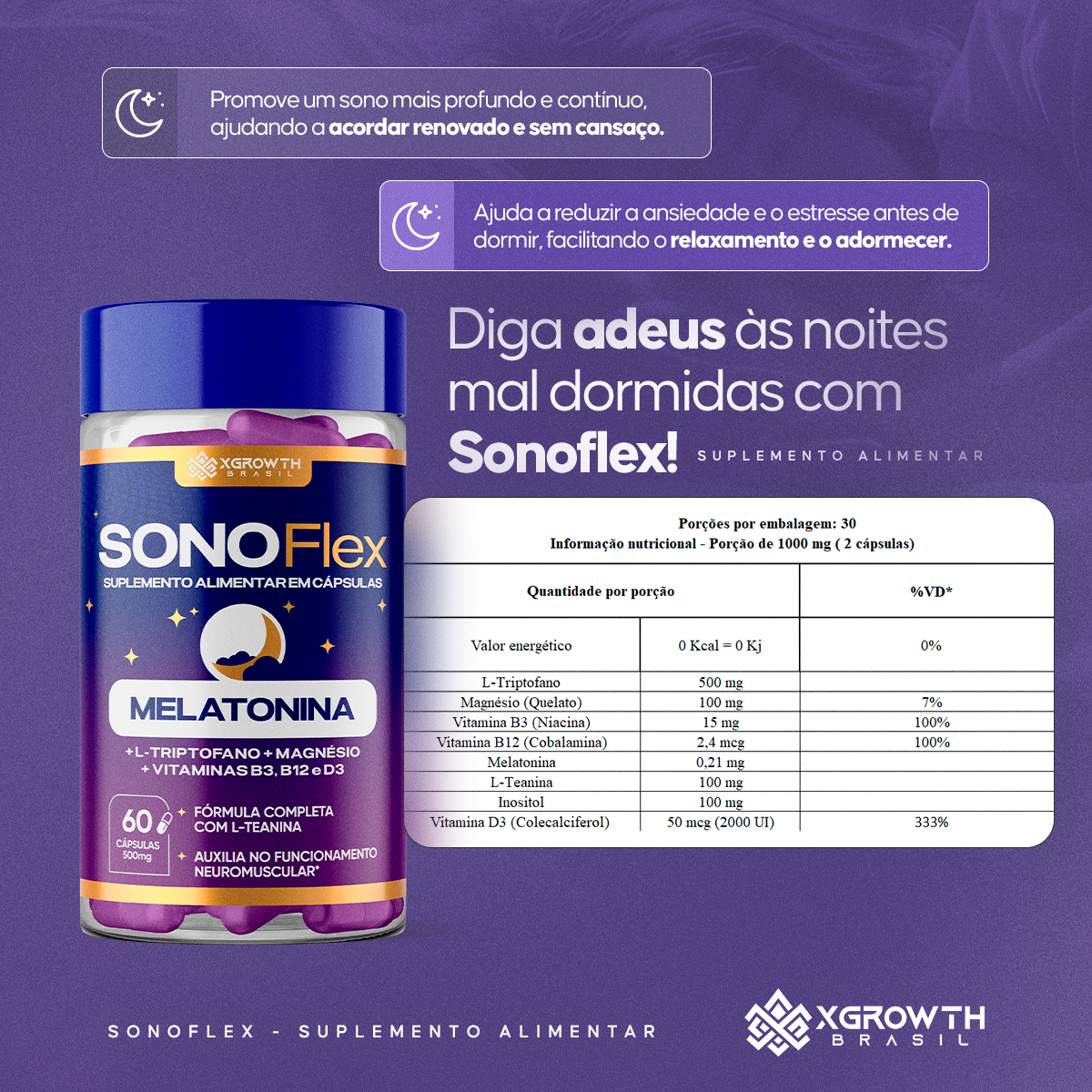 SONOFLEX XGrowth Brasil – Suplemento para Sono Profundo e Relaxante | Melatonina, Triptofano, Magnésio e Vitaminas B + D3 (60 Cápsulas)