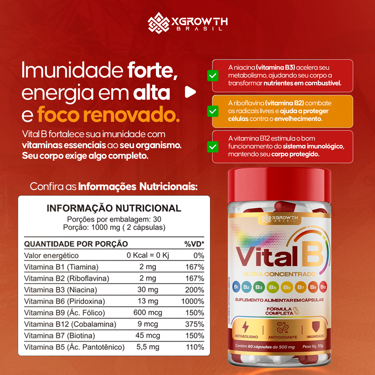 VITALB XGrowth Brasil – Complexo B Ultra Concentrado | Energia, Foco e Disposição Diária (60 Cápsulas de 500mg)